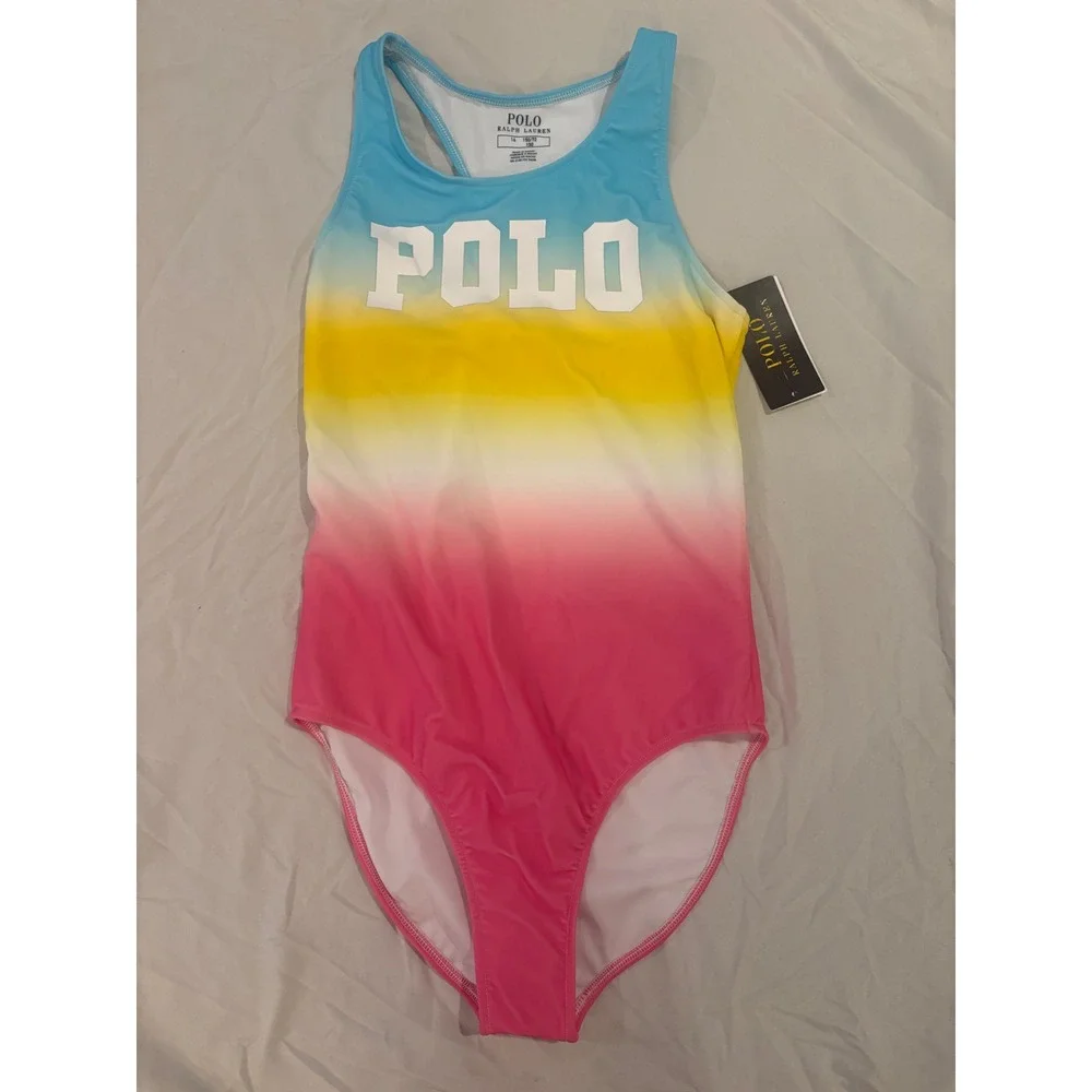 Polo Ralph Lauren Girls Ombre One Piece Swimsuit Blue Yellow Pink Size 14 NWT